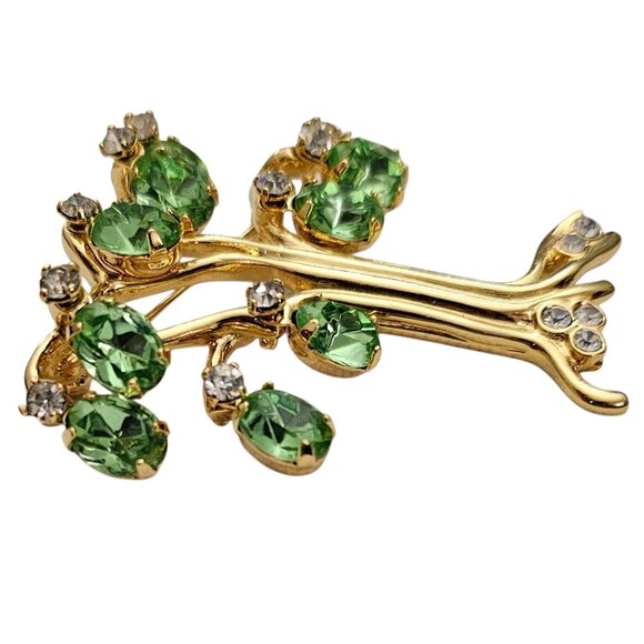 KJL Tree Of Life Green Uranium Glass Rhinestone Dangle Brooch Pin Signed, J104 - Picture 3 of 9